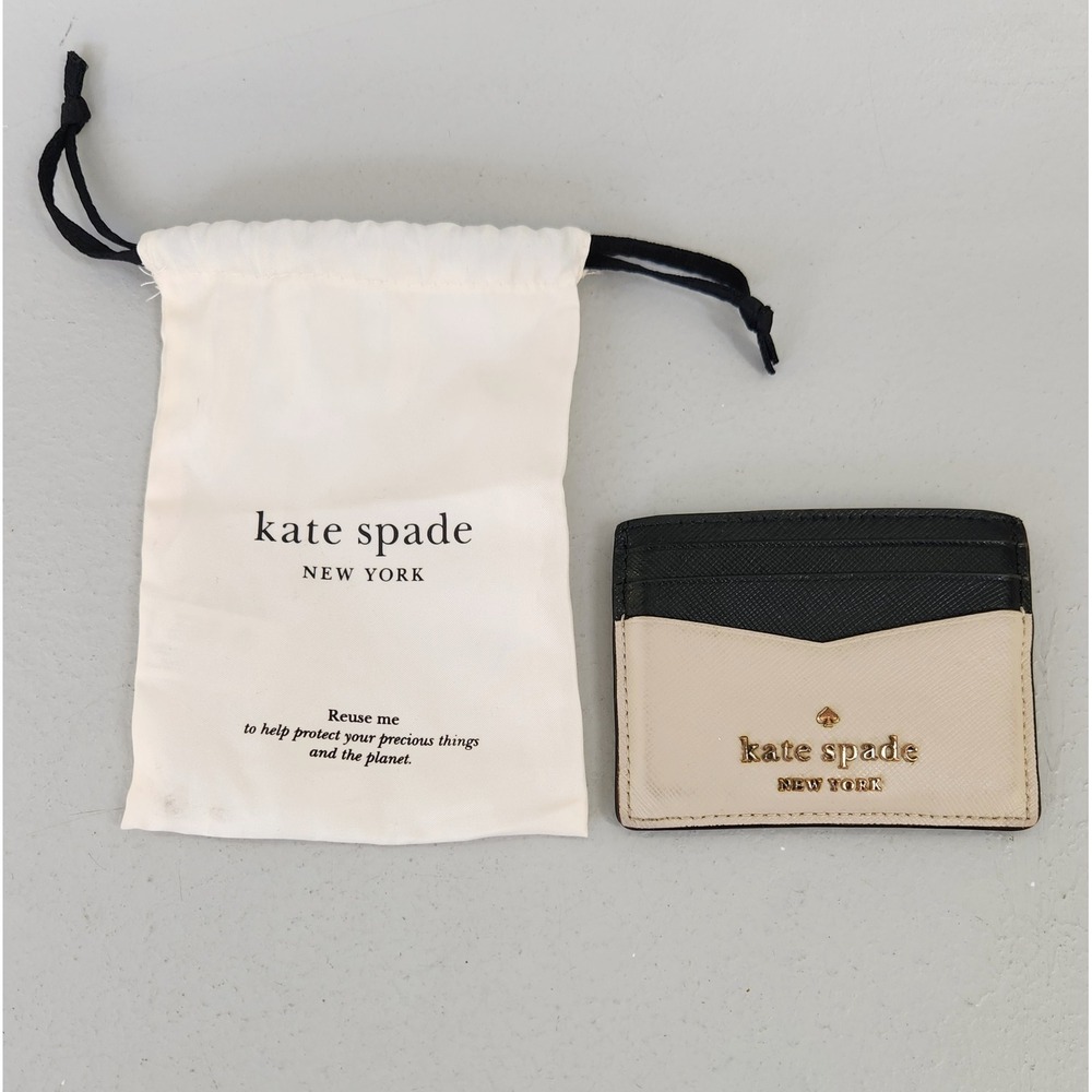 Kate Spade Card Holder Women OS Black Beige Saffiano Leather Colorblock